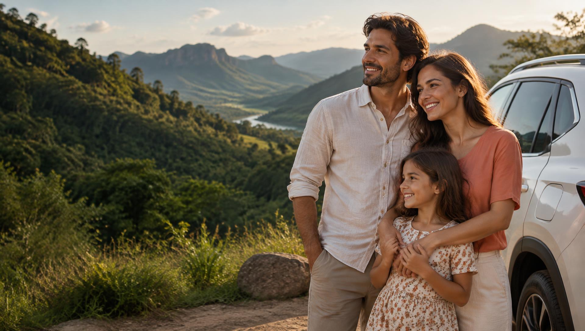 Família aproveitando um momento juntos ao lado de seu carro